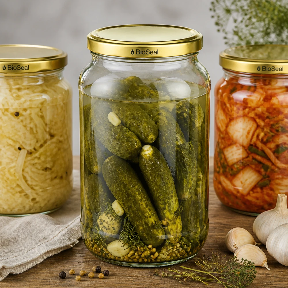 Tarro redondo de 1062ml con tapa dorada UNiTWIST BioSeal UNiTWIST Runda1062 juego de tarros para conservas pepino encurtido kimchi TO82 tapa BioSeal alimentos fermentados