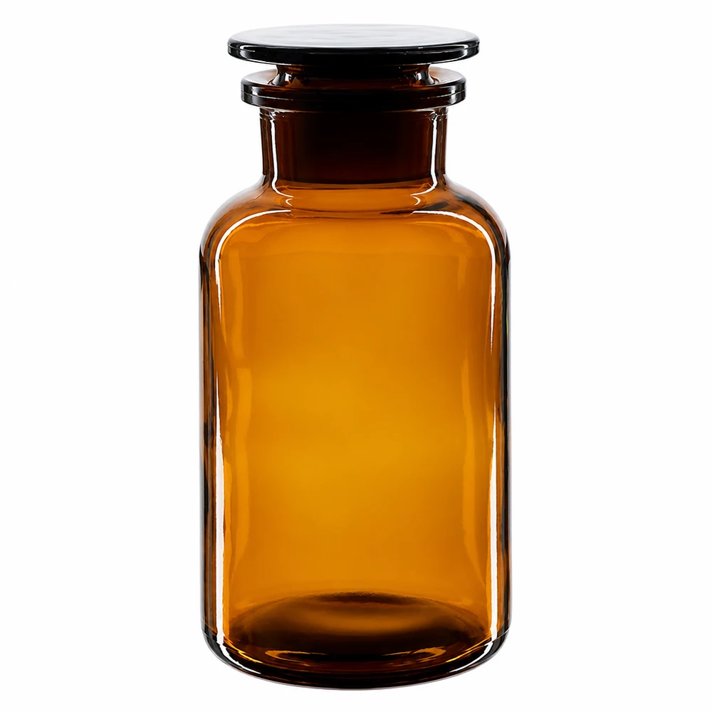 Botella marrón de cuello ancho de 500 ml con tapón de vidrio, fabricada en vidrio borosilicato de alta calidad