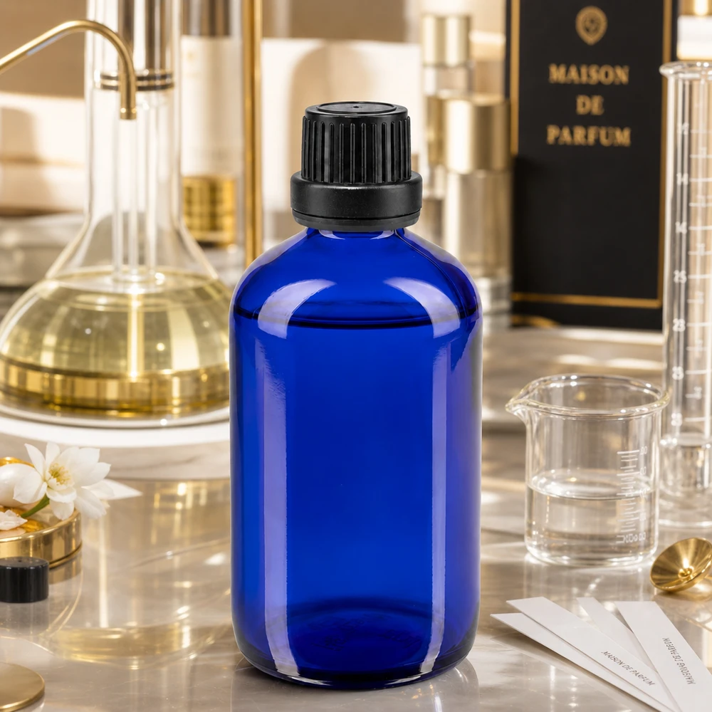 Botella de farmacia azul 100ml tapón de rosca negro cierre inviolable Botella de cristal azul de 100 ml con tapón cuentagotas en un entorno de perfumería con vaso de cristal