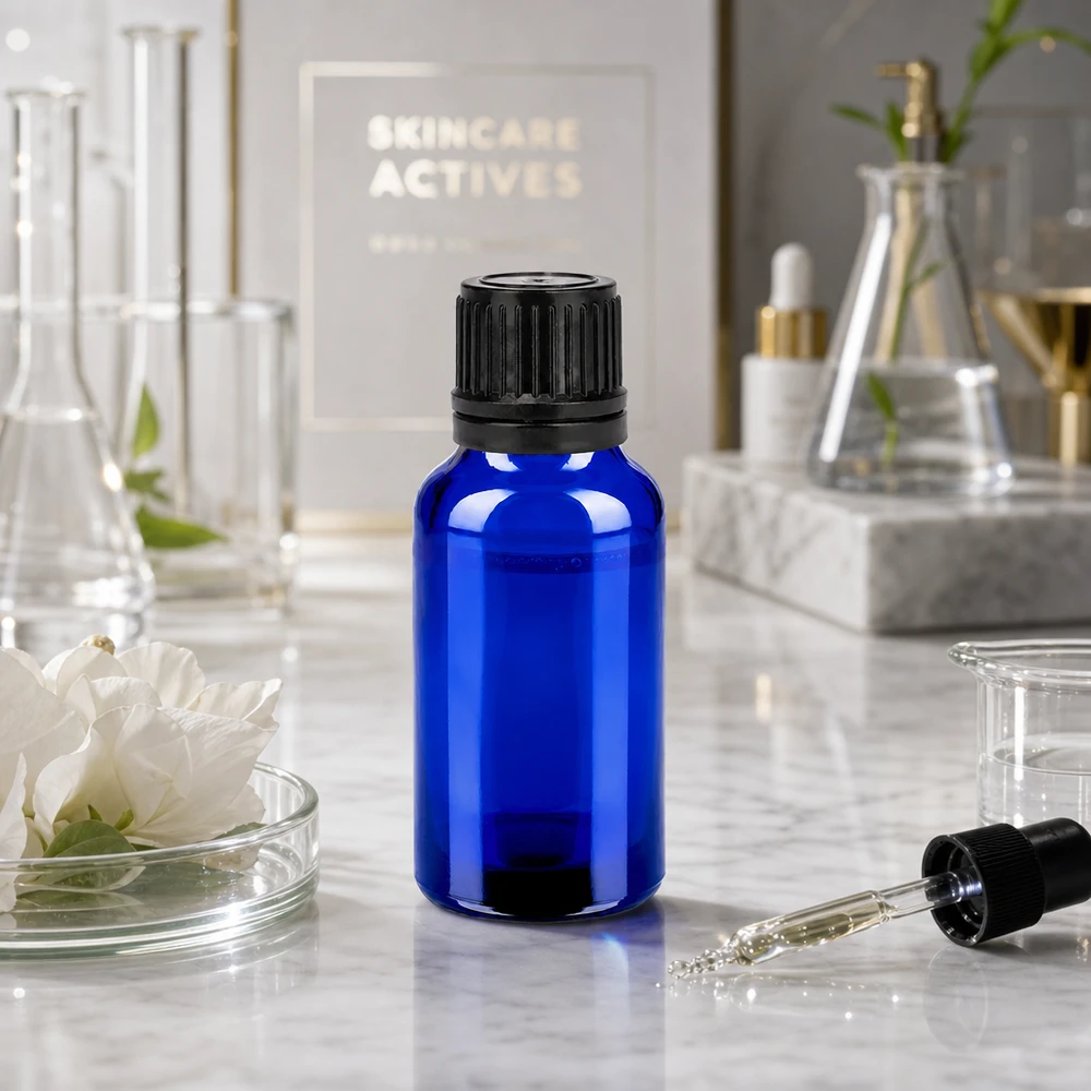 Botella 20ml 11mm tapón rosca negro cierre inviolable BlueLine UT18/20 Frasco de vidrio azul cobalto de alta calidad de 20 ml con protección UV y tapón negro a prueba de manipulaciones