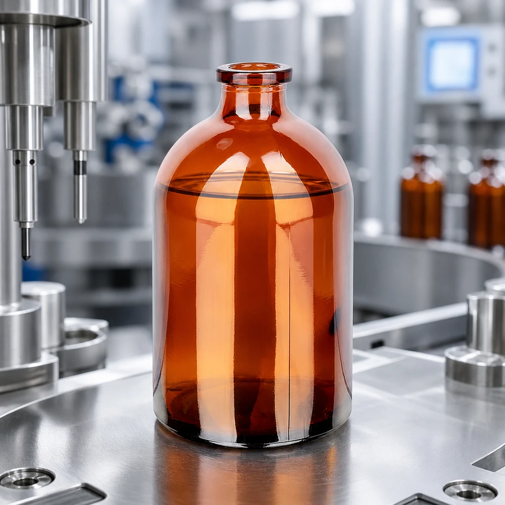 Frasco de inyección de vidrio ámbar 100ml Sterile Injektionsflasche 100ml aus Braunglas auf Edelstahlunterlage neben Abfüllnadel