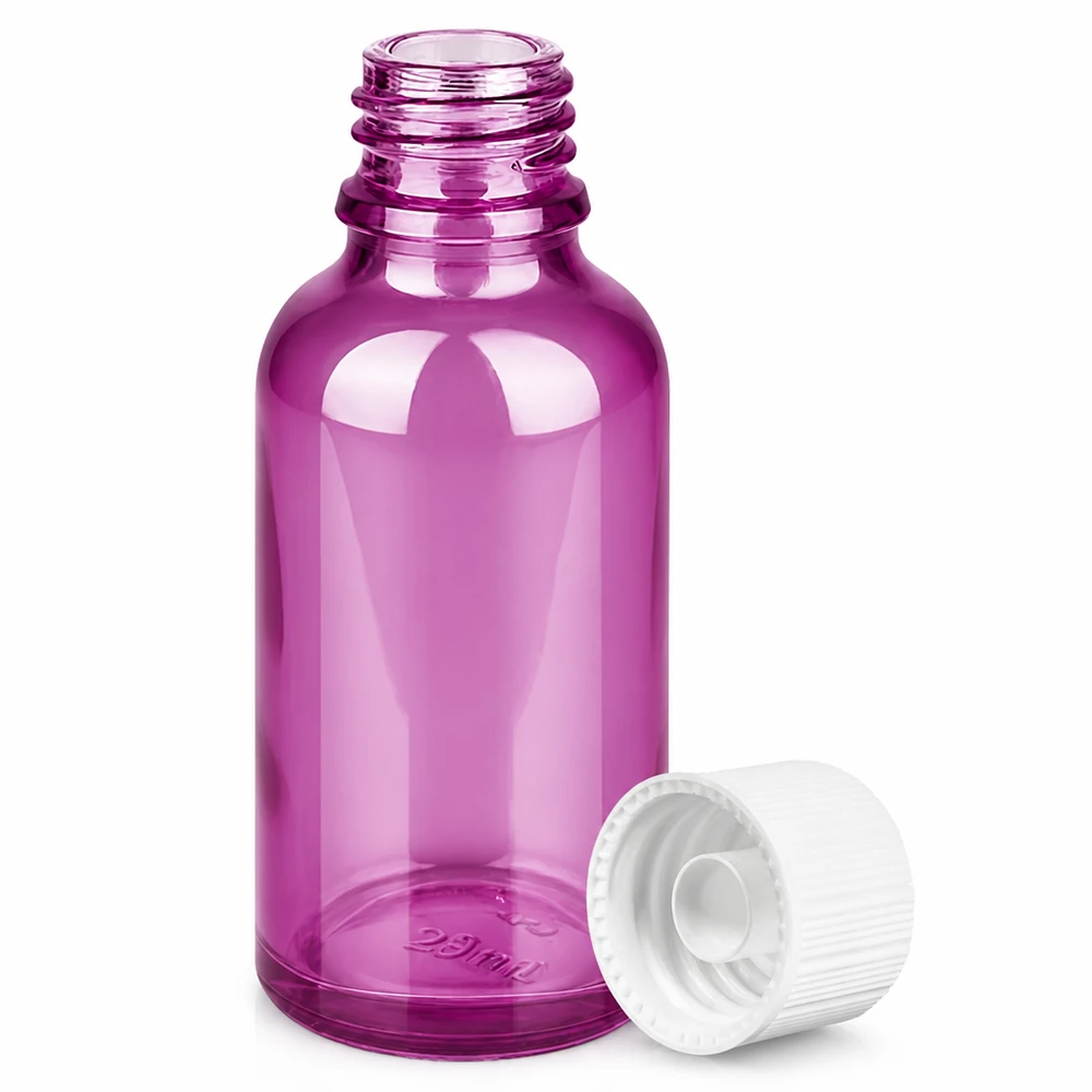 Frasco de 30 ml con tapón de rosca de 11 mm blanco estándar PurpleLine UT18/30 Frasco de cristal morado de 30 ml con tapón de rosca blanco para aceites esenciales y sueros