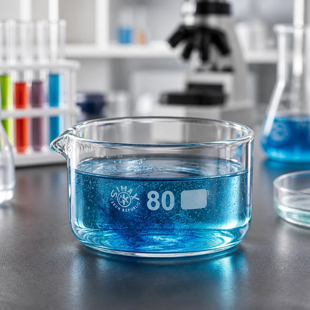 Cubeta de cristalización 150ml con pico borosilicato ø80mm Cubeta de cristalización baja de 150 ml, ø 80 mm, con líquido azul y pico vertedor de vidrio borosilicato