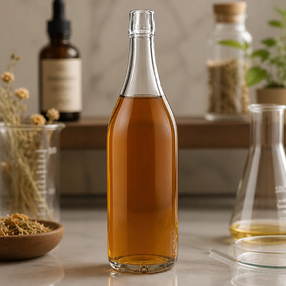 Botella de cristal 1000ml UNiTWIST con contenido de color ámbar en un entorno de cocina natural con hierbas y botellas