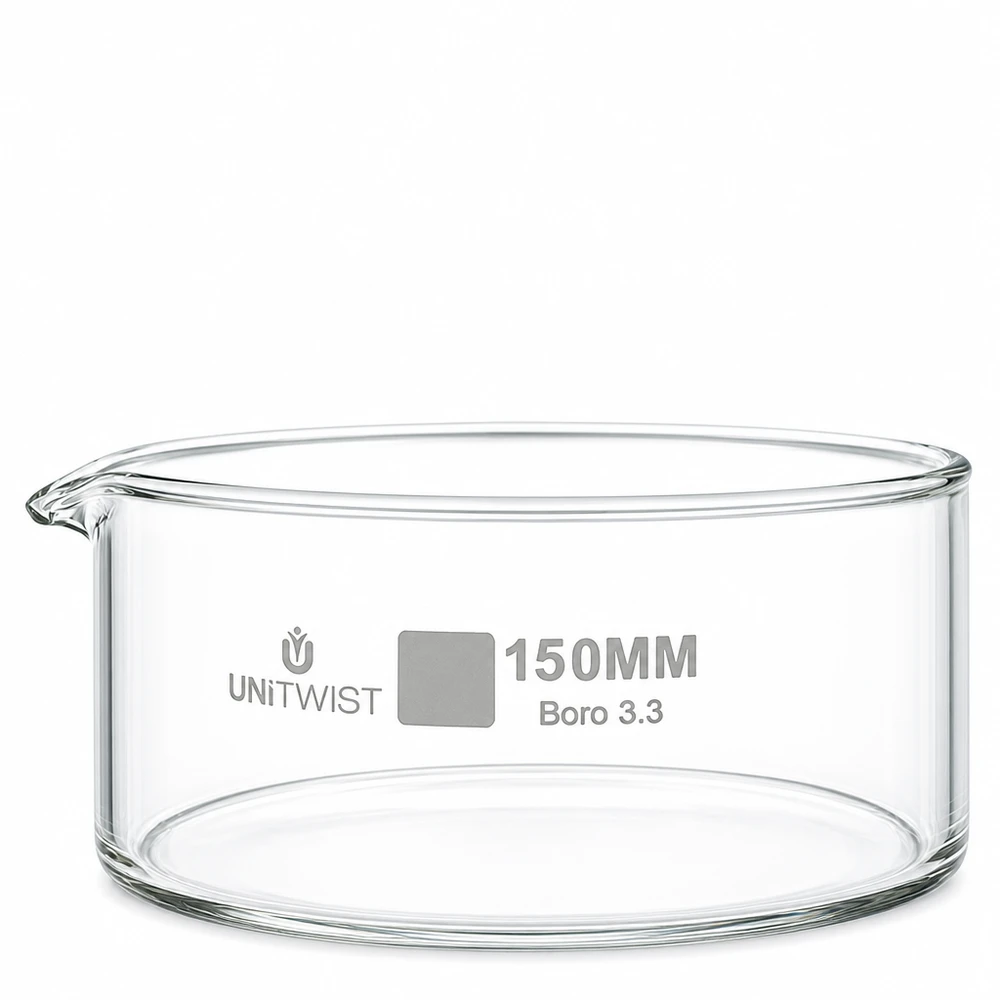 Cristalera ø150mm vidrio borosilicato UNiTWIST Recipiente de cristalización de 150 mm, de vidrio borosilicato UNiTWIST, transparente, cilíndrico y con pico vertedor