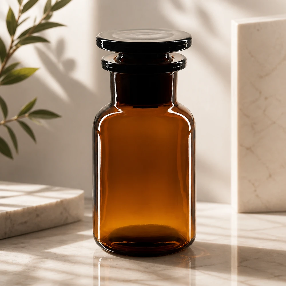 Botella de vidrio ámbar de hombros redondeados, 100 ml, cuello ancho, con tapón de vidrio, protección UV, a prueba de la luz