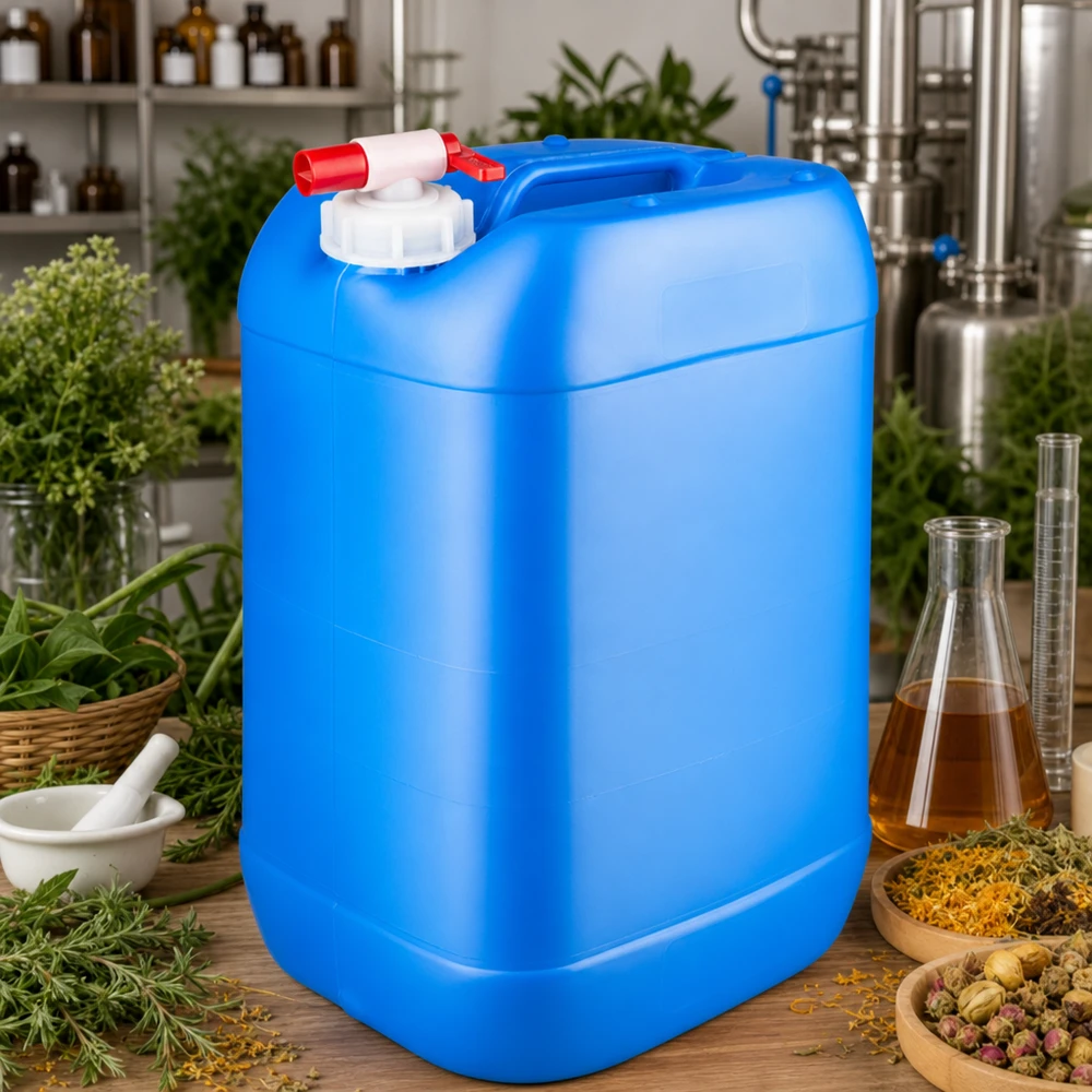Gran bidón azul de 25 litros con grifo de vaciado, rodeado de hierbas y vasos de laboratorio