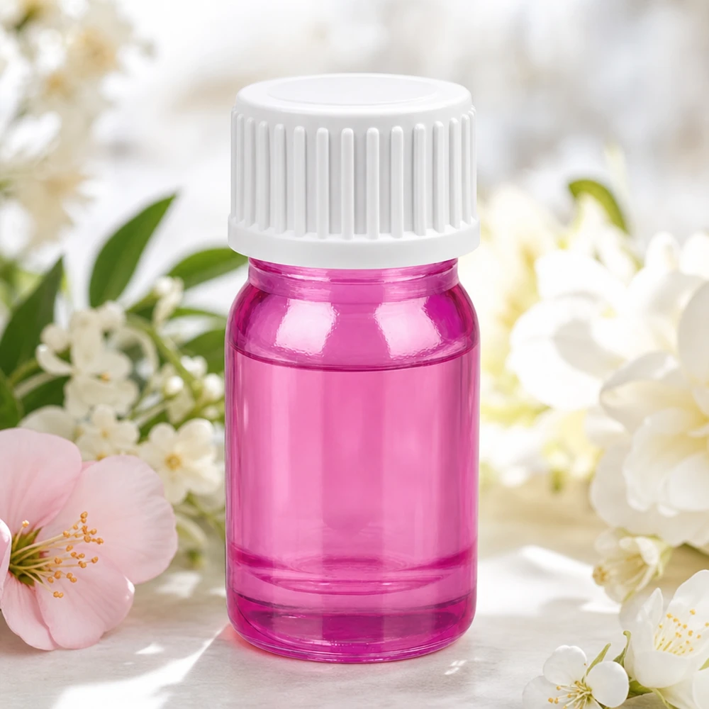 Frasco de cristal compacto de 5 ml en rosa con rosca blanca para la aromaterapia móvil sobre la marcha