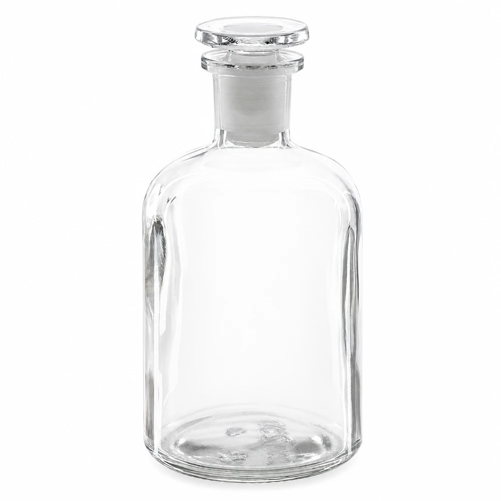 Botella de hombros redondeados de 250 ml, transparente, con tapón de cristal y cuello estrecho, fabricada en vidrio borosilicato de alta calidad