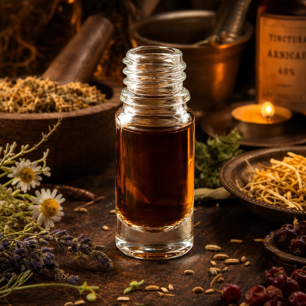 Frasco de farmacia ApoGlas de 5 ml entre hierbas medicinales y flores de manzanilla en un cálido ambiente naturista