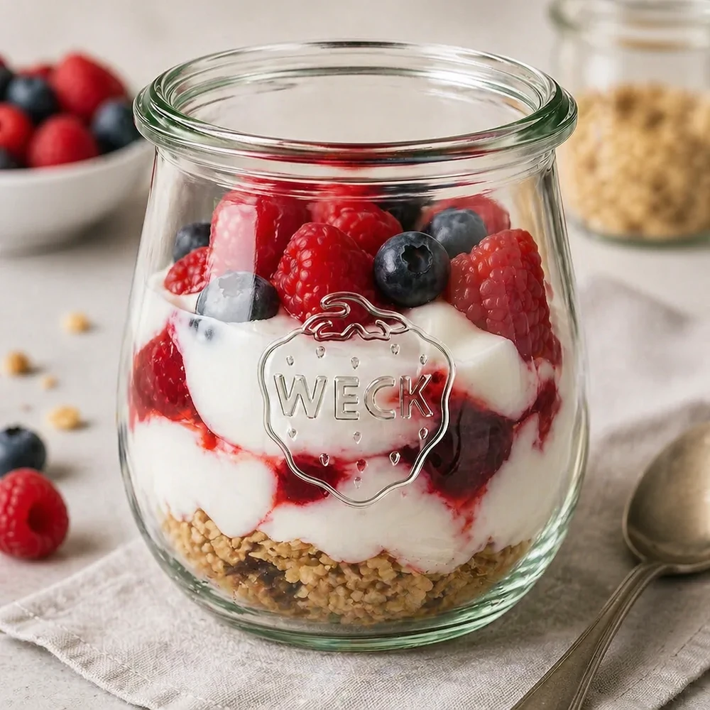 Tarro tulipa 220ml WECK RR60 Tarro tulipán WECK 220 ml RR60 como tarro de postre con yogur, bayas y granola para una presentación y porciones perfectas