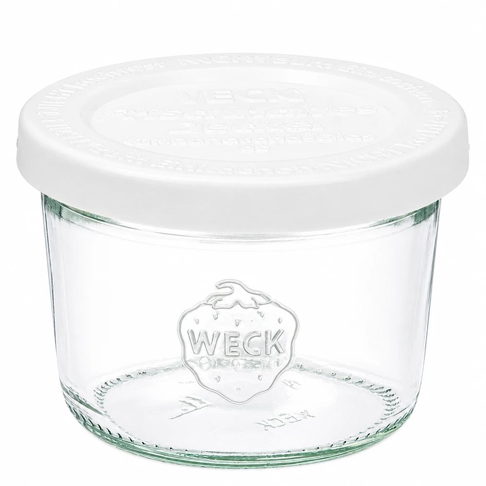 Vasos WECK de 80 ml con tapa blanca RR60 de vidrio transparente con logotipo WECK para conservar y almacenar