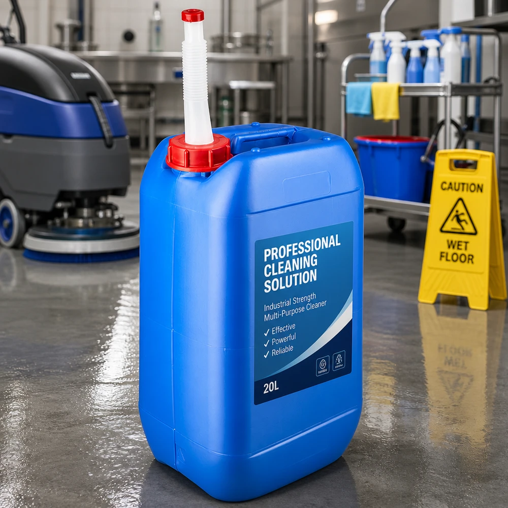 Bidón 15 litros azul con tubo de salida Flex Bidón de plástico azul de 15 litros con tubo de salida flexible blanco sobre un suelo industrial brillante