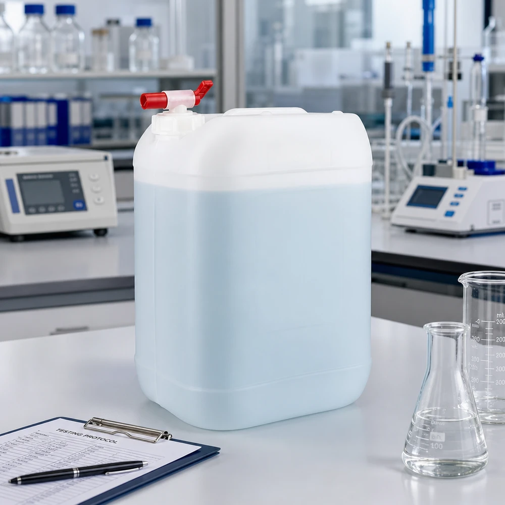 Bidón azul claro de 25 litros con grifo de salida rojo sobre una mesa de laboratorio blanca, junto a un matraz de Erlenmeyer