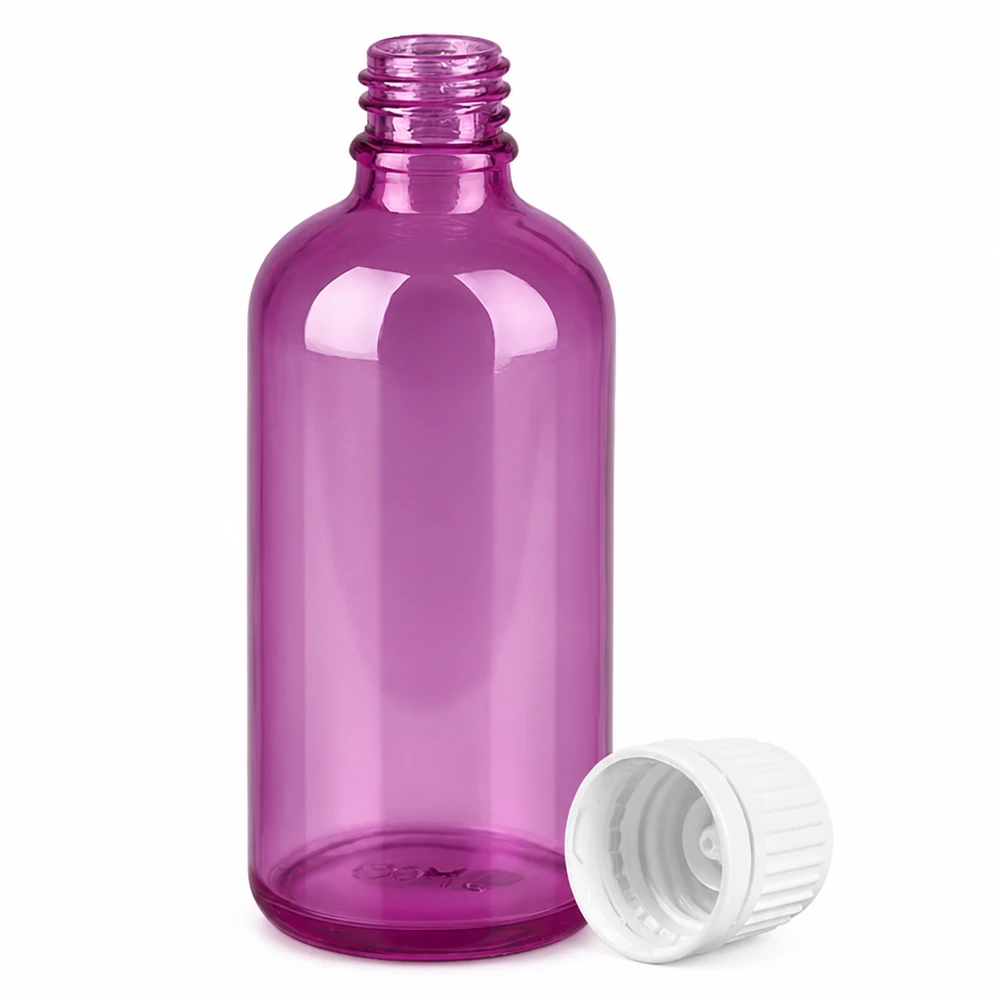 Frasco morado de 100 ml con rosca y tapón blanco extraíble para cosmética y aromaterapia