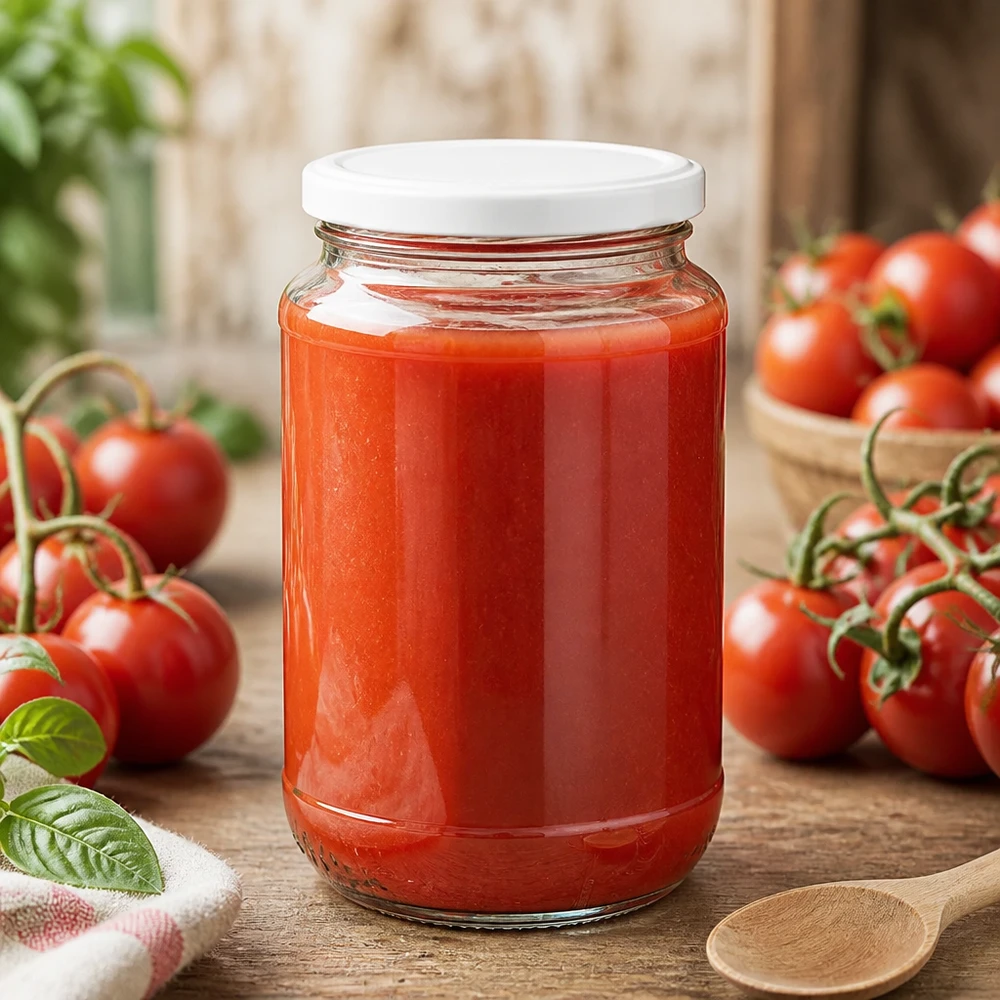 Vaso redondo UNiTWIST de 320 ml con tapa BasicSeal, lleno de salsa de tomate fresca y rodeado de tomates rojos