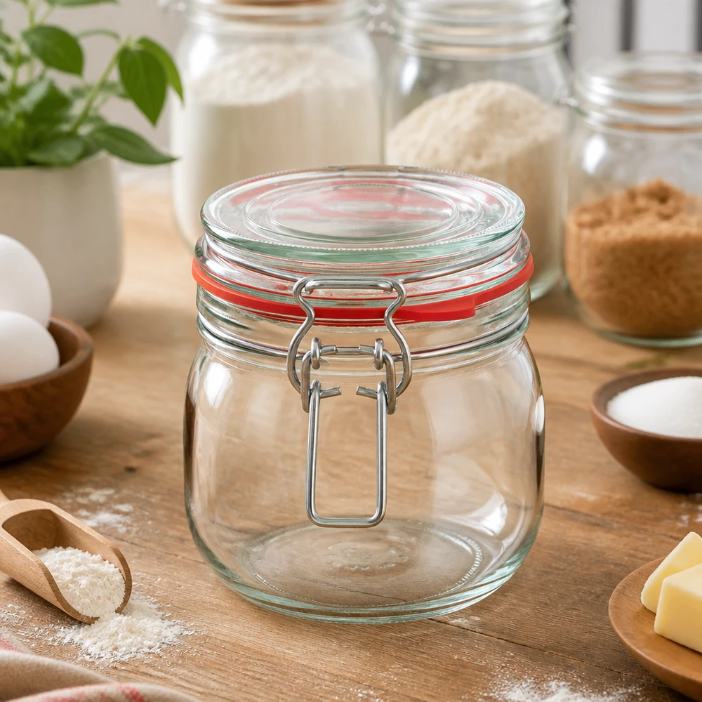 Tarro de cristal tipo G de 634 ml con cierre de clip UN... Tarro transparente de 634 ml con tapa abatible ideal para harina, azúcar e ingredientes de repostería