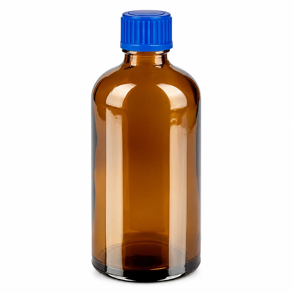 Botella de vidrio ámbar de 100 ml con tapón de rosca azul para un almacenamiento seguro