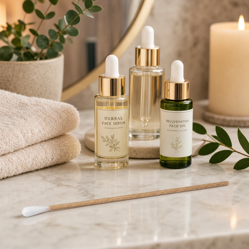 Bastoncillos de algodón UNSTERIL Bastoncillos de algodón no estériles con mango de madera junto al espejo, al lado del sérum facial a base de hierbas y del aceite facial rejuvenecedor