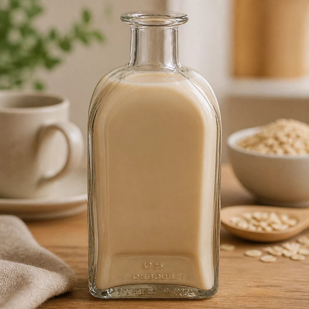 Botella de cristal Julia de 500 ml llena de líquido beige cremoso junto a copos de avena y taza en un cálido ambiente de cocina