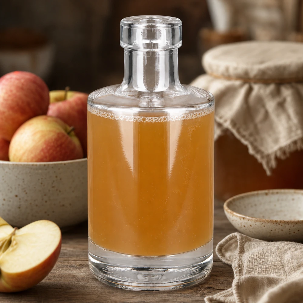 Botella de vidrio de 200 ml «Marie» sin tapón UNiTWIST® Glasflasche Marie 200ml mit Apfelsaft befüllt natürliche Küchendeko mit frischen Äpfeln rustikaler Holztisch Lifestyle
