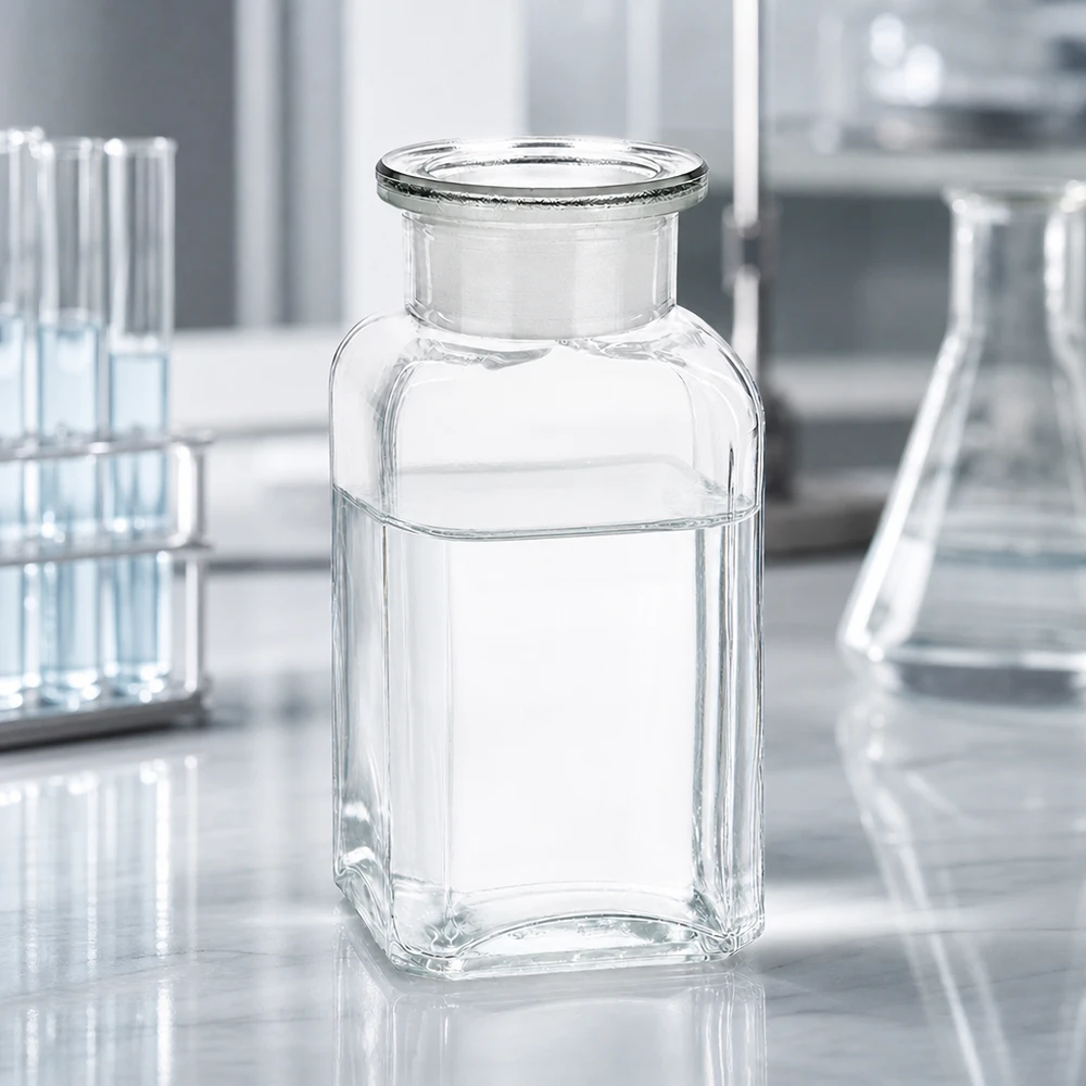 Botella cuadrada 100 ml tapón de vidrio transparente de cuello ancho Botella cuadrada vacía de 100 ml, transparente, con tapón de cristal, sobre una mesa de laboratorio blanca, entre tubos de ensayo
