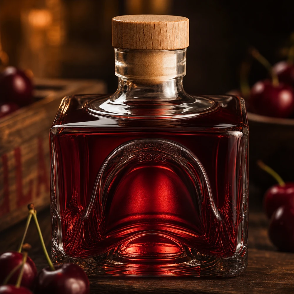 Botella de vidrio de 200 ml «Bob» con tapón de corcho con asa de madera UNiTWIST® 200ml Glasflasche Bob mit rotem Kirschlikör gefüllt, Holzkorken-Verschluss, dekorative Anordnung mit frischen Kirschen