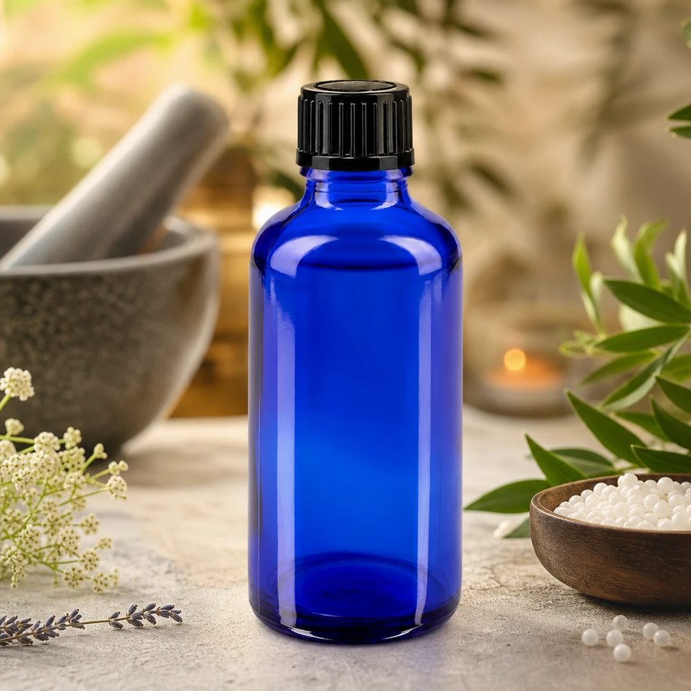 Frasco de farmacia de cristal azul de 50 ml con tapón estándar negro, delante del mortero y el pistilo