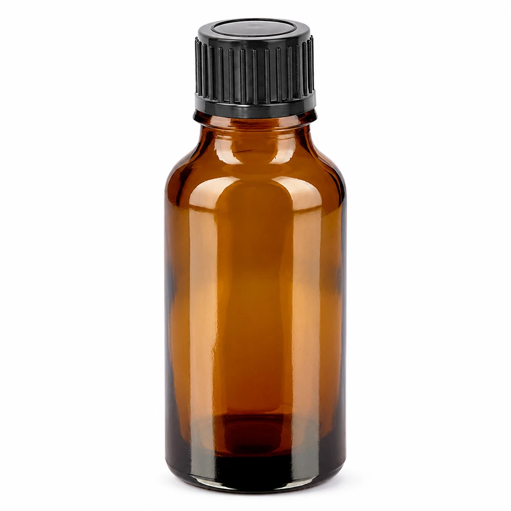 Frasco 20ml 11mm tapón rosca negro estándar BrownLine UT18/20 Frasco de vidrio marrón de 20 ml con tapón de rosca negro para aceites esenciales y cosméticos