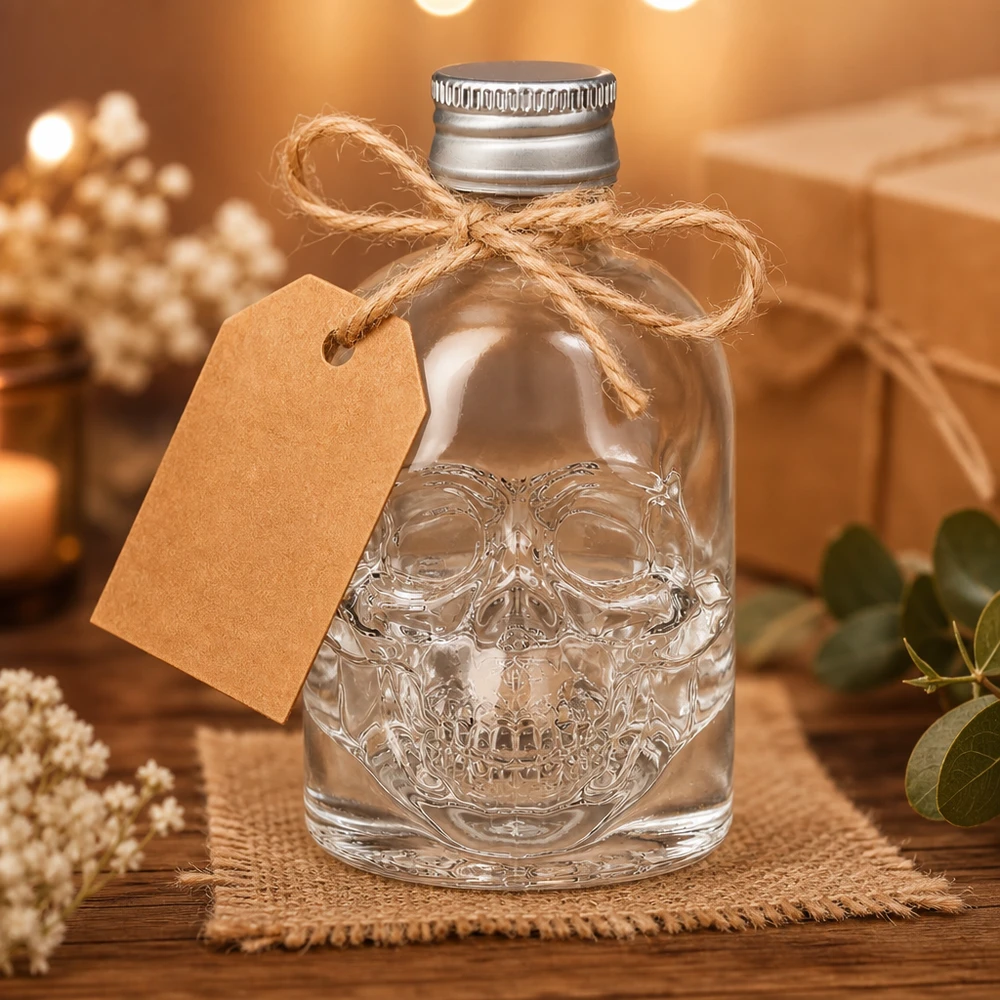 Botella de cristal Hector de 50 ml con calavera en relieve de regalo decorada con un lazo de yute y una etiqueta de papel kraft