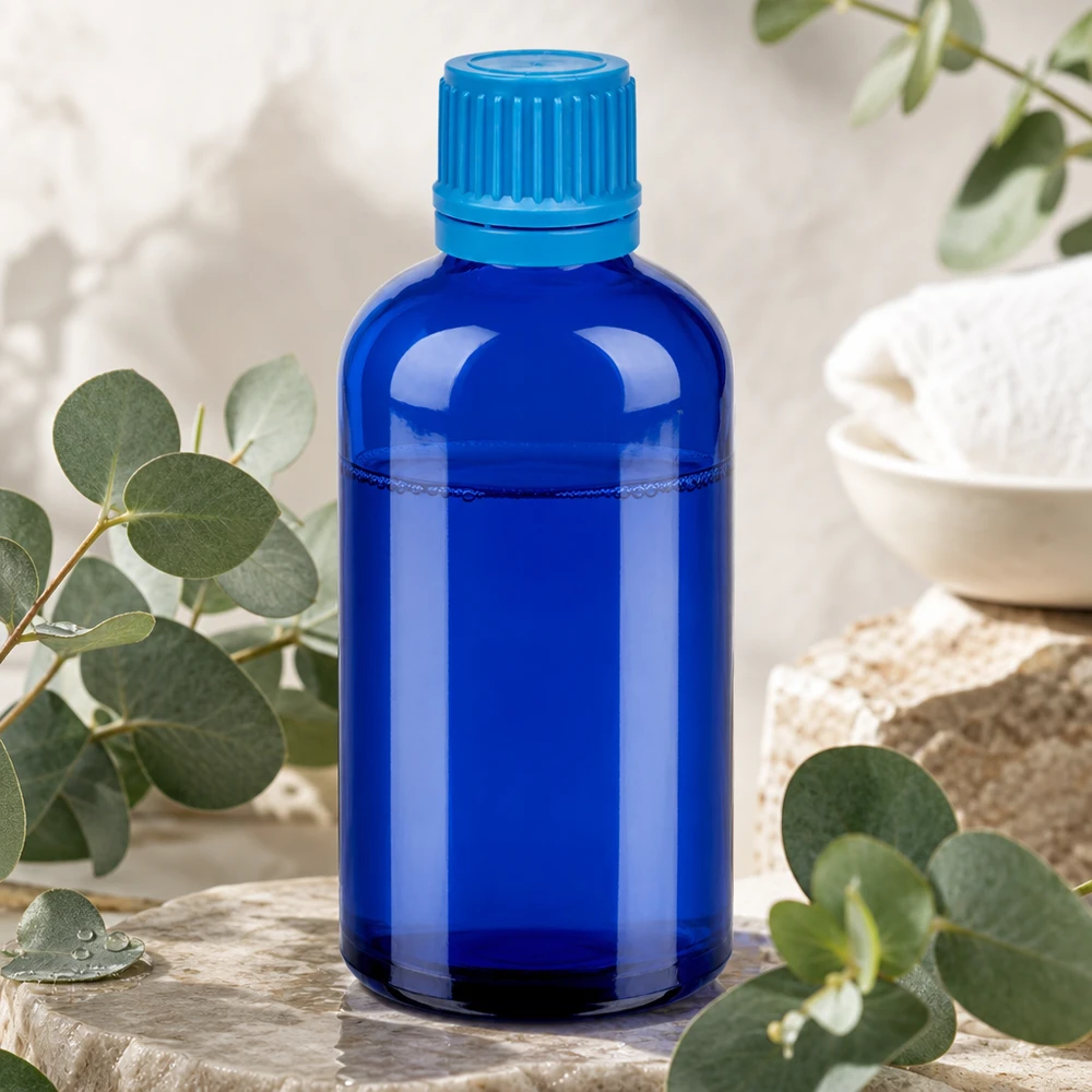 Botella de vidrio compacta de 100 ml en elegante azul con práctico tapón de rosca para uso diario