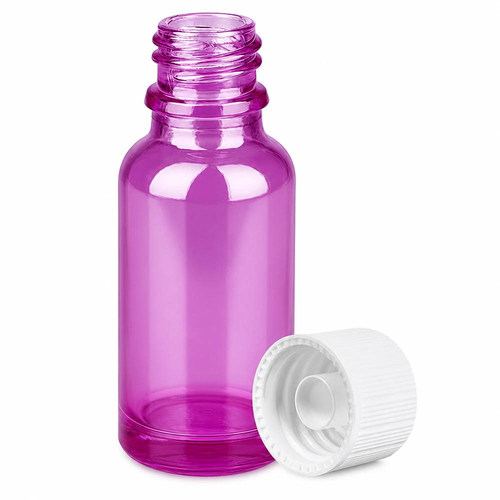 Botella de 20ml 11mm tapón de rosca blanco estándar PurpleLine UT18/20 Pequeño frasco de vidrio de 20 ml de color morado con rosca de 11 mm y tapón blanco para aromaterapia