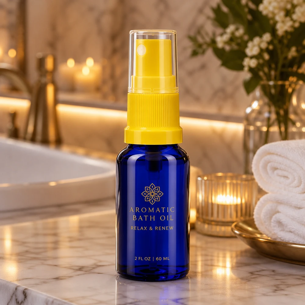 Frasco de farmacia azul de 10 ml con protección UV y pulverizador amarillo, ideal para aceites de baño y aromaterapia