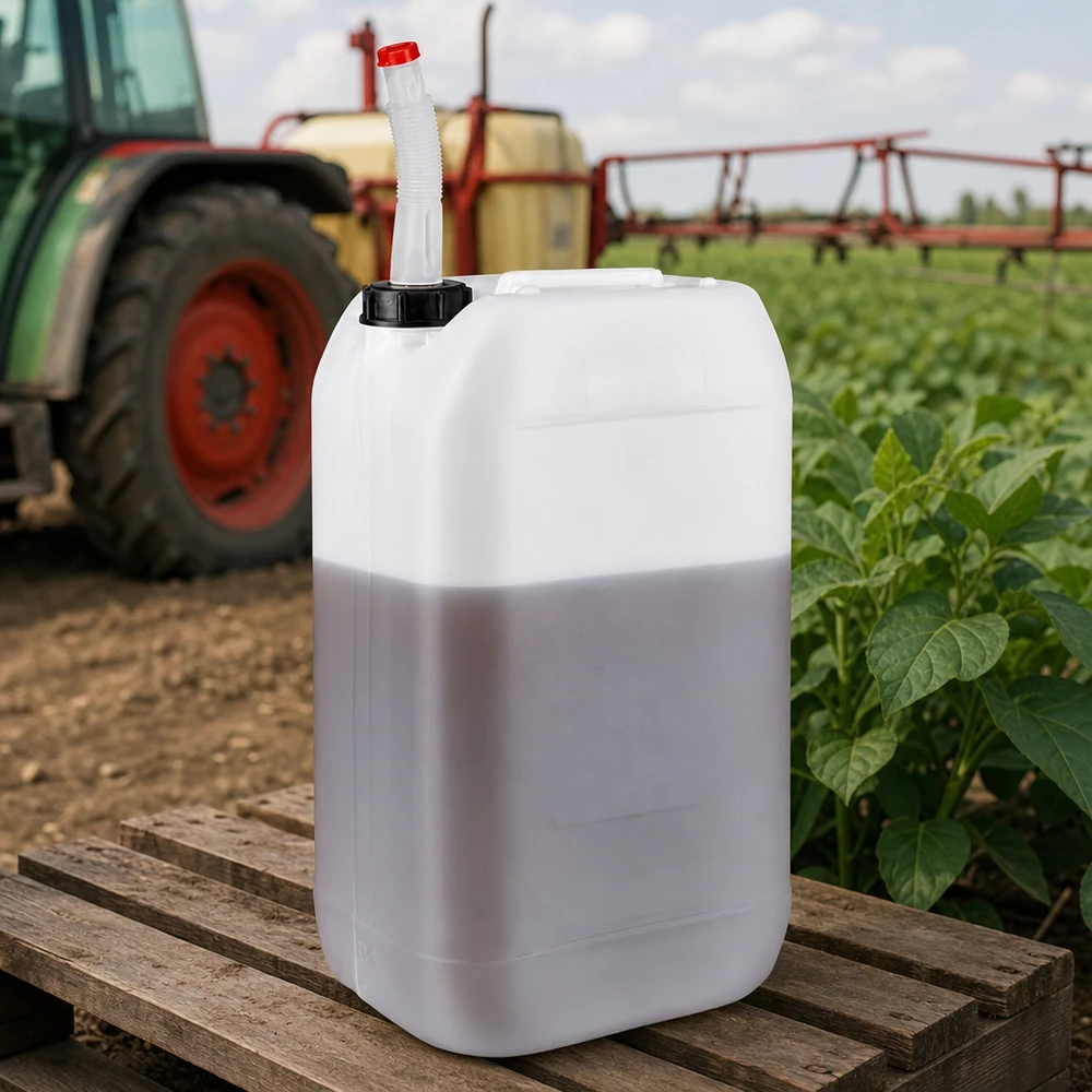 Bidón 15 litros con tubo de salida flexible Bidón agrícola de 15 litros con tubo de salida flexible sobre un palé de madera, delante del tractor y del pulverizador agrícola