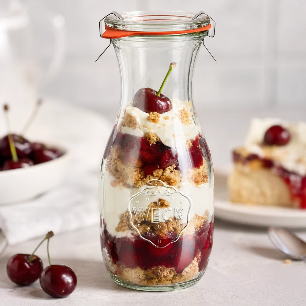 Botella para zumo de 530 ml, juego completo WECK RR60 WECK Botella de zumo de 530 ml RR60 como tarro de postre rellena de postre con capas de cerezas y nata junto a cerezas frescas