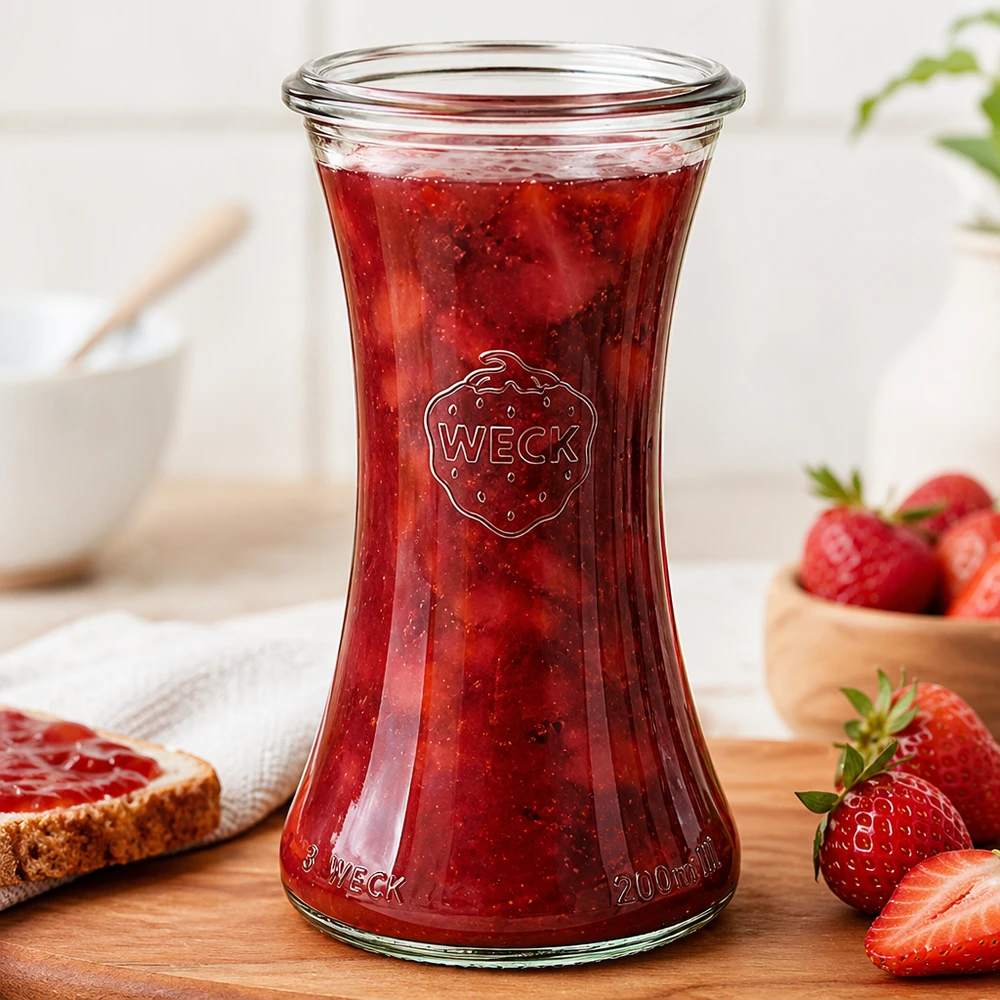 WECK RR60 tarro delicatessen 200ml lleno de mermelada de fresa roja junto a fresas frescas y pan de untar