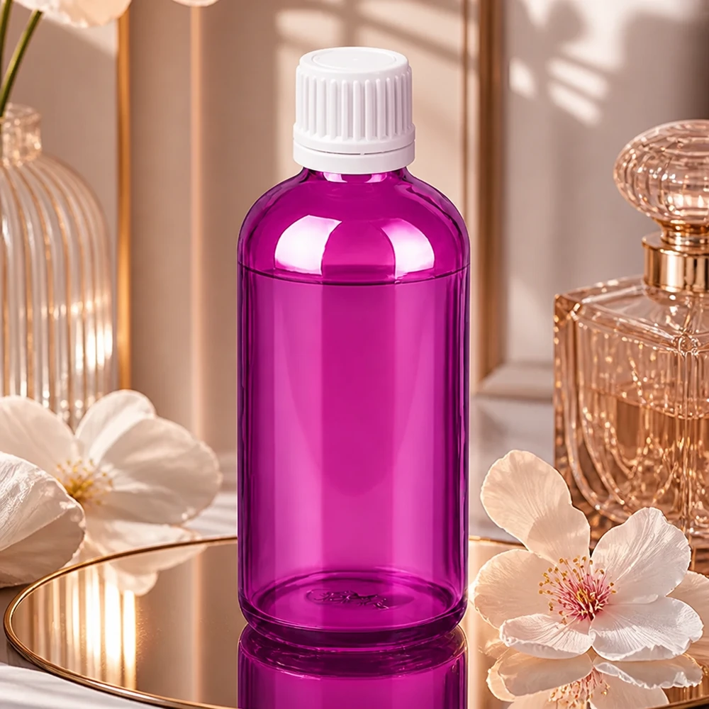 Botella de 100 ml con tapón de rosca blanco de 11 mm Tapón de rosca original PurpleLine UT18/100 Botella de vidrio violeta de 100 ml con tapón blanco estriado ideal para líquidos sensibles a la luz