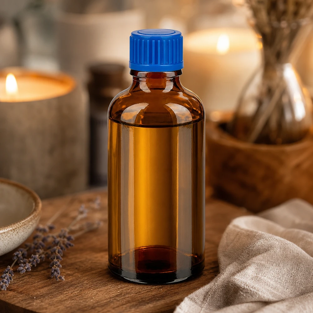Pequeño frasco cuentagotas de 50 ml de vidrio ámbar con protección UV y práctico tapón de rosca azul