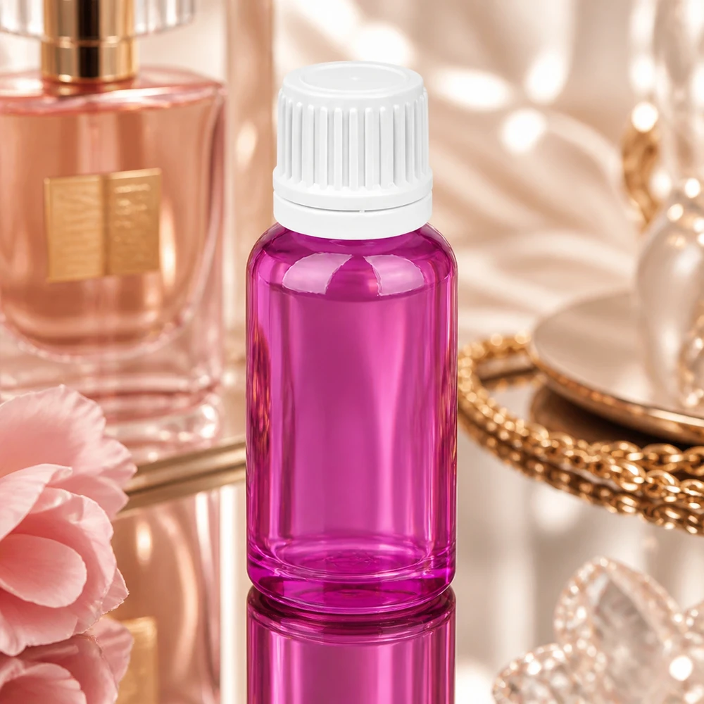 Frasco cuentagotas de 20 ml de plástico de alta calidad de color morado con tapón de rosca blanco
