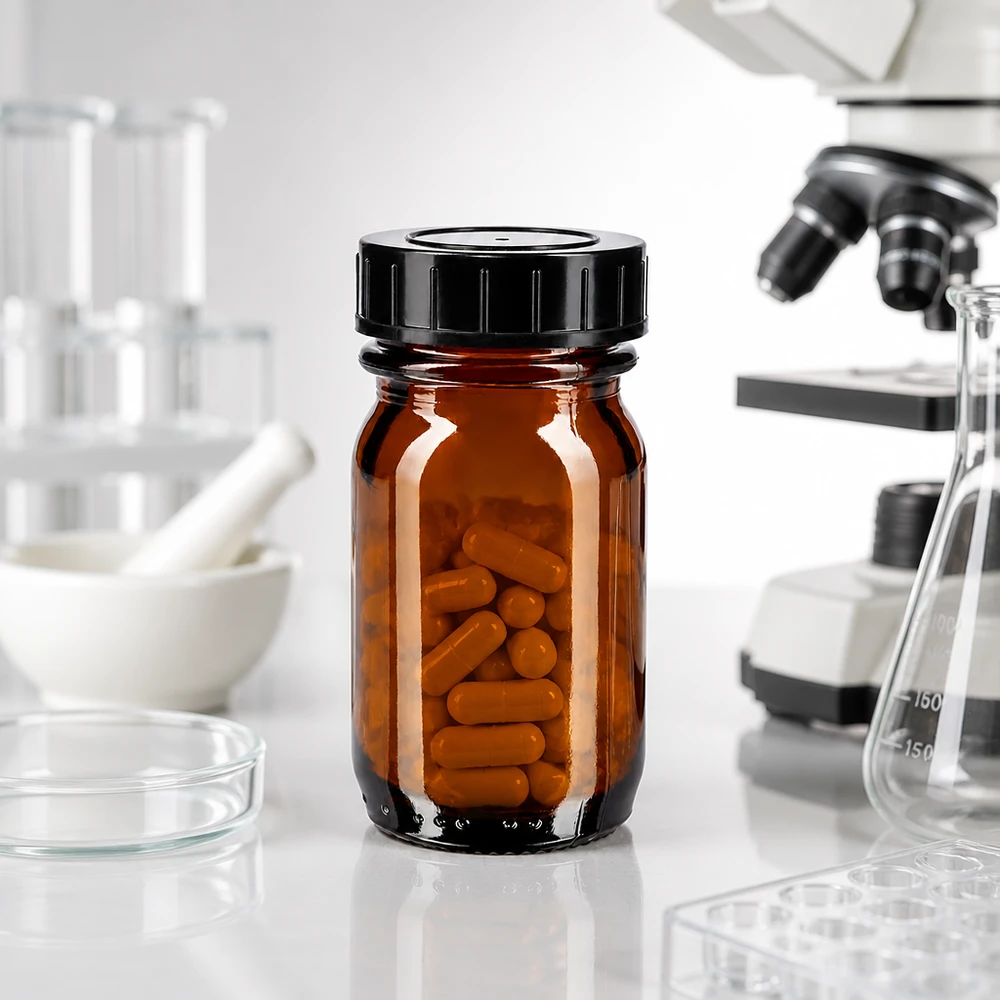 Frascos compactos de vidrio ámbar de 30 ml con abertura ancha, ideales para aplicaciones de laboratorio