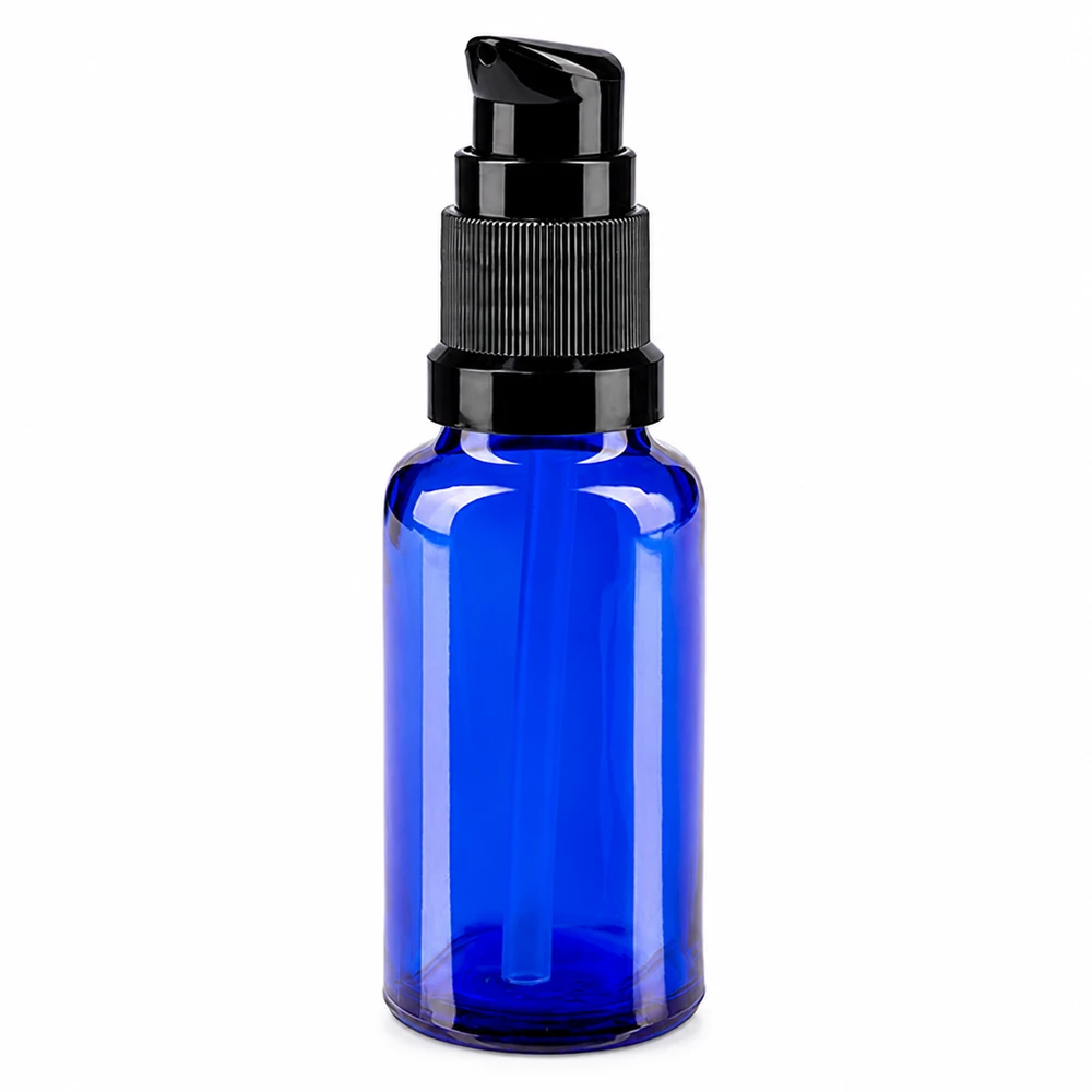 Botella de farmacia azul 20ml tapón bomba negro estándar Frasco de cristal azul de 20 ml con dosificador negro para sérums y aceites, fabricado en cristal de farmacia de alta calidad