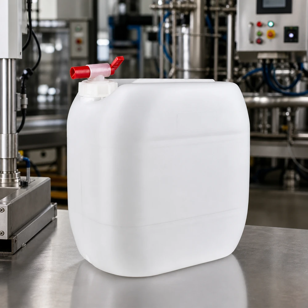 Gran bidón de plástico blanco de 30 litros con grifo de cierre rojo sobre superficie de acero inoxidable