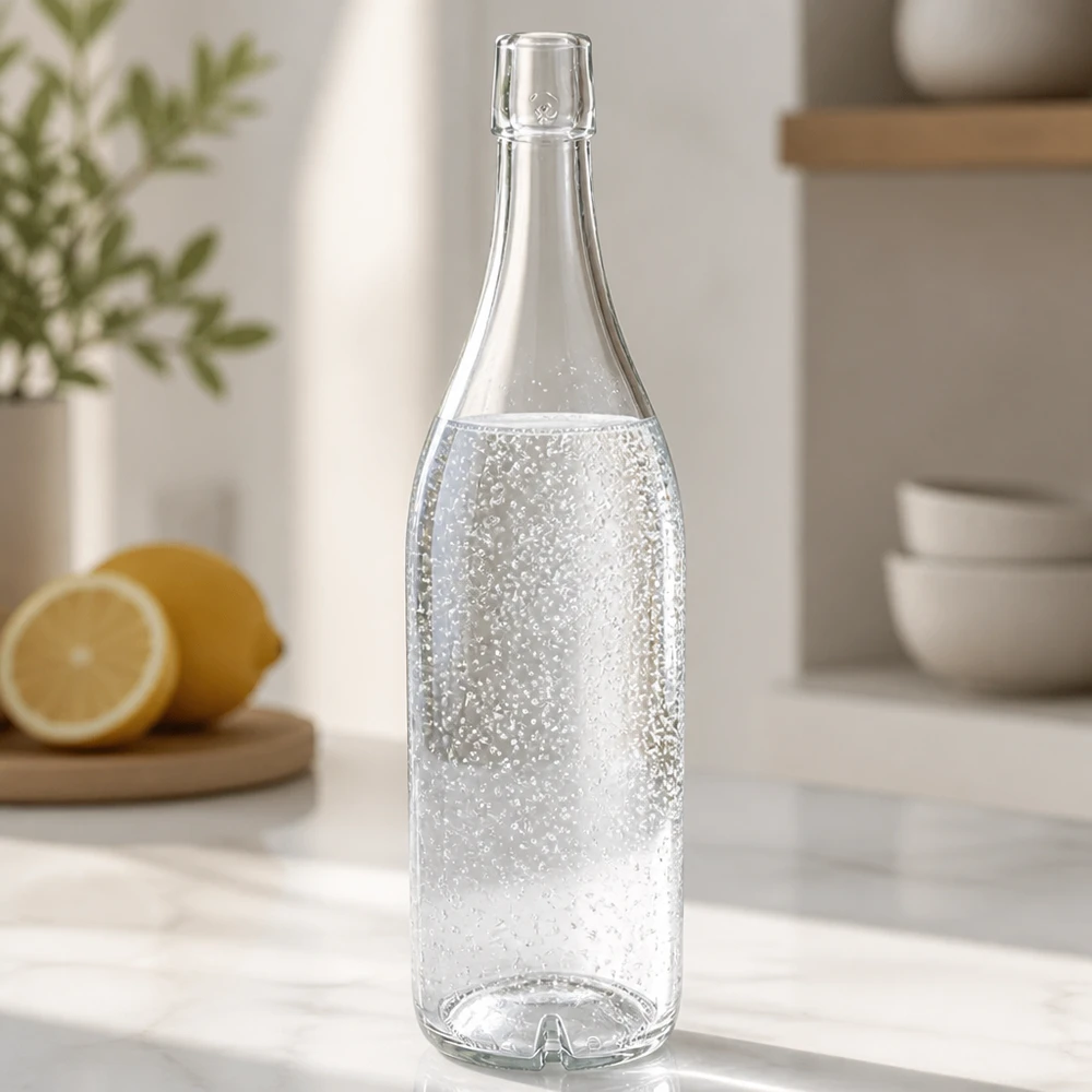 Botella de cristal 1000ml UNiTWIST llena de agua con gas Encimera de cocina limones mobiliario de cocina moderno brillante