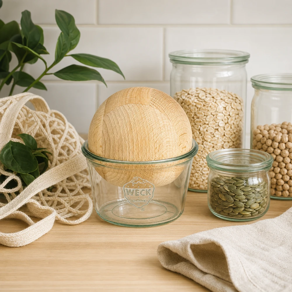 Vaso de 370ml WECK RR100 con bola de madera de haya WECK tarro de almacenamiento 370ml RR100 sostenibilidad cero residuos cocina tarros de almacenamiento de bolas de haya legumbres estilo de vida ecológico