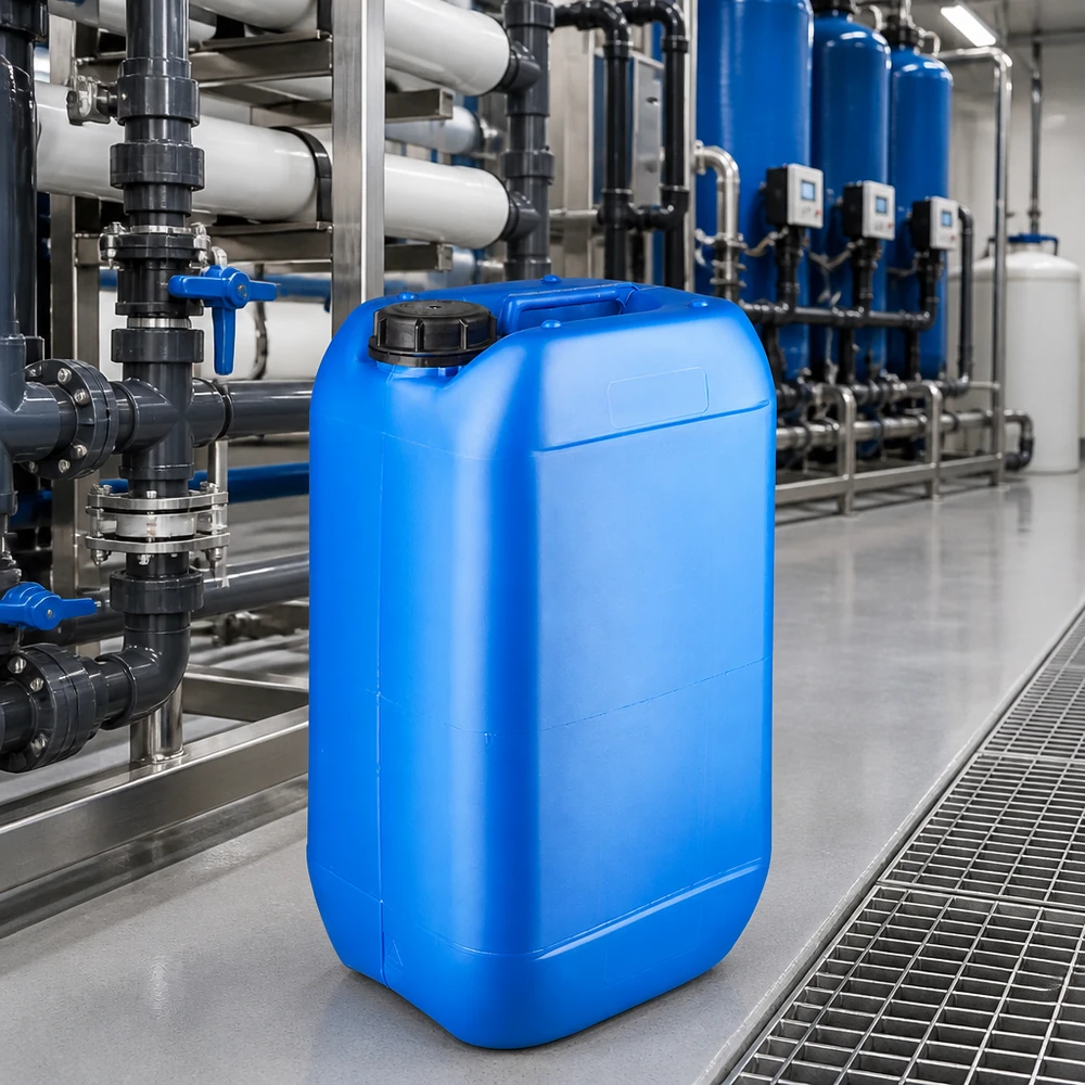 Bidón azul de 15 litros con tapón OV situado delante de la planta de tratamiento de agua