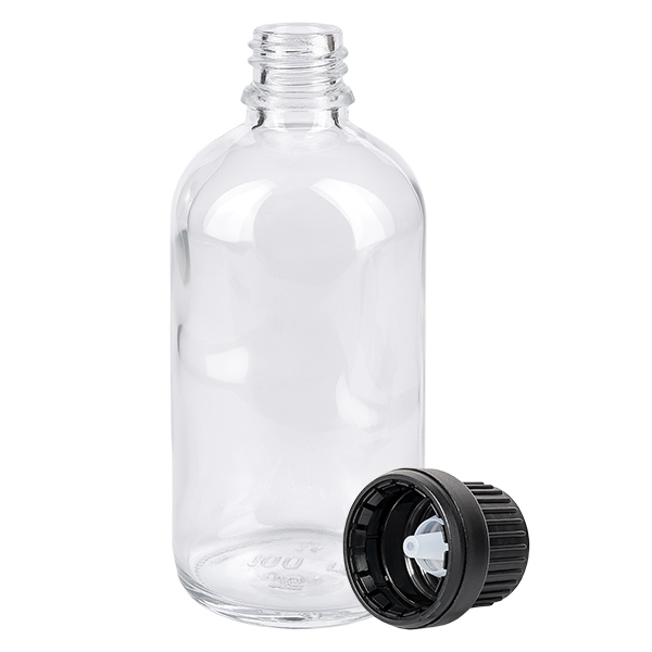 Frasco cuentagotas de 100ml fl. 2mm negro tapón inviolable ClearLine UT18/100 Botella de cristal vacía de 100 ml con tapón cuentagotas negro y abertura de 2 mm, serie ClearLine