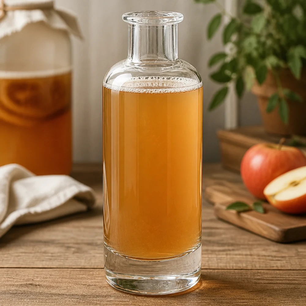 Botella de vidrio de 200 ml «Ella» sin tapón UNiTWIST® 200ml Glasflasche Ella mit Apfelsaft befüllt in Küche zeigt vielseitige Nutzung für Säfte und Getränke