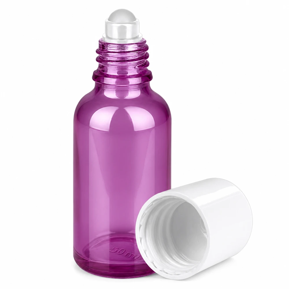 Frasco glóbulo 30ml blanco estándar PurpleLine UT18/30 Frasco roll-on de cristal morado de 30 ml con aplicador de bola de rodillo ideal para aceites esenciales y sueros