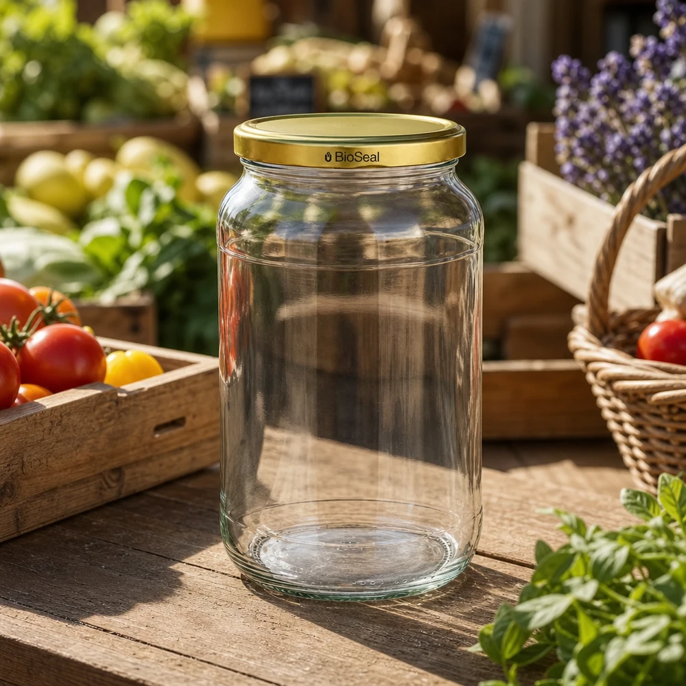 Tarro redondo de 1062ml con tapa dorada UNiTWIST BioSeal UNiTWIST Runda1062 tarro de cristal vacío puesto de mercado verduras frescas TO82 BioSeal tapa dorada ambiente de mercado agrícola