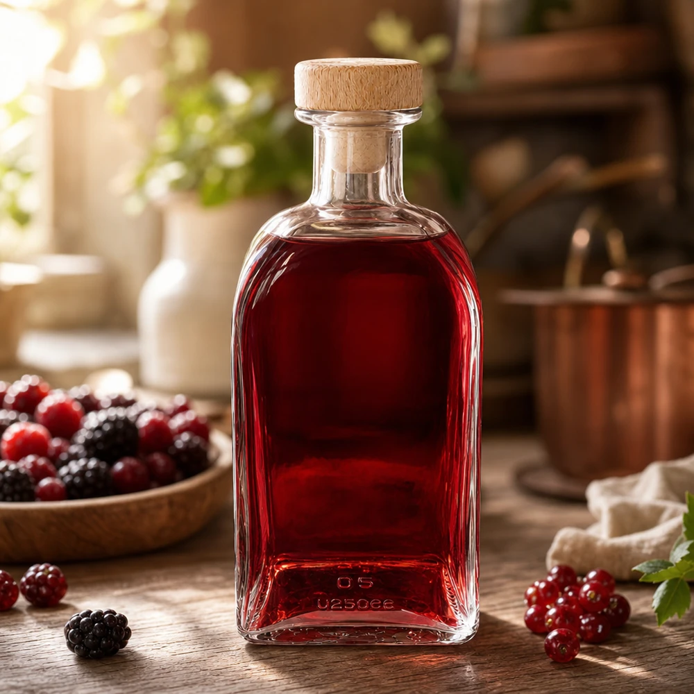 Botella de cristal Julia de 500 ml con tapón de madera llena de licor de bayas rojas sobre una mesa de madera con moras y grosellas rojas